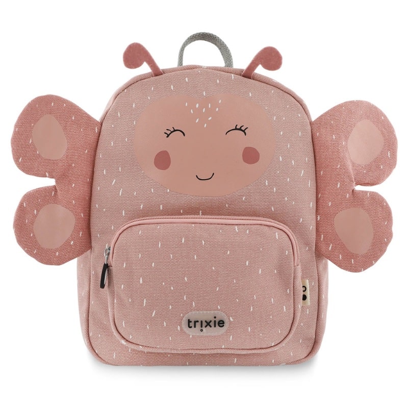 packshottrixie-rugzak-mrs-butterfly. een roze rugzak met vleugeltjes zoals een vlinder op een witte achtergrond